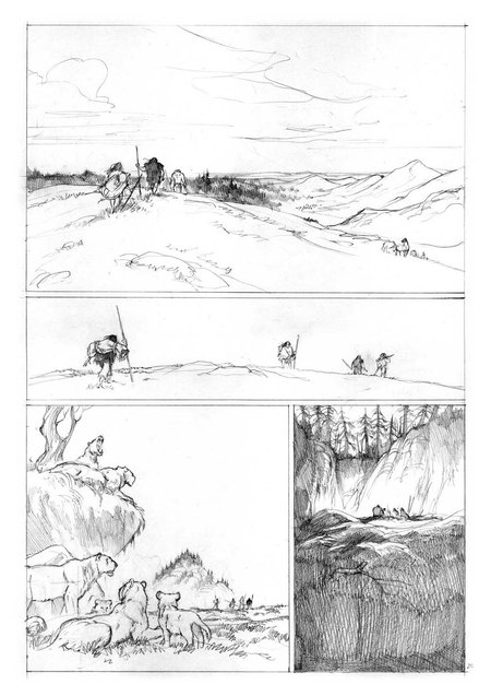 Crayonné d'une planche du second tome de Neandertal