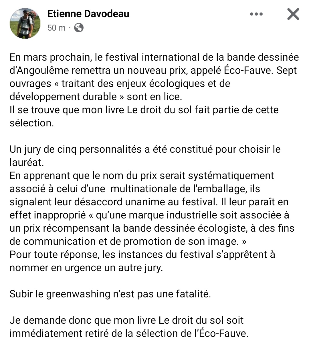 Angoulême 2022 : Étienne Davodeau se retire de la sélection "Éco-Fauve"