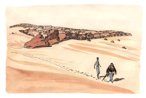 Toujours à la recherche de quelque chose, Hagg-Bar et Siklist traversent le désert. ©Actes Sud Bd 